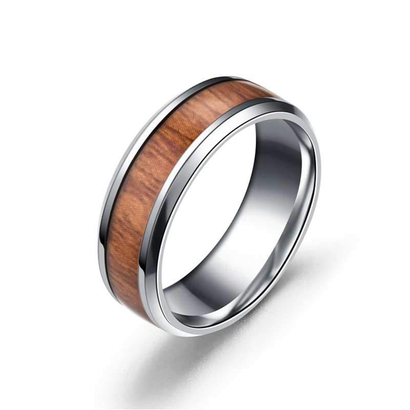 316L Stainless Steel & Wood Grain Ring GR 6 Silver 