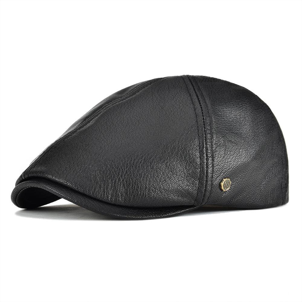 6 Panel Leather Flat Cap GR Black 57 - 58 cm 