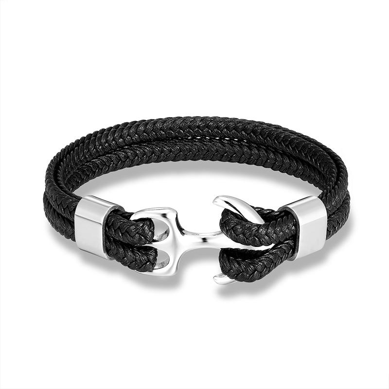 Anchor Black Braided Leather Bracelet GR Silver S 