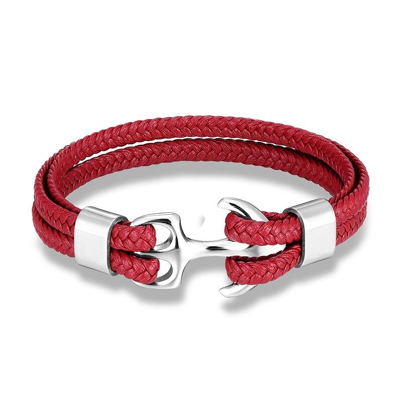 Anchor Red Braided Leather Bracelet GR Silver S 