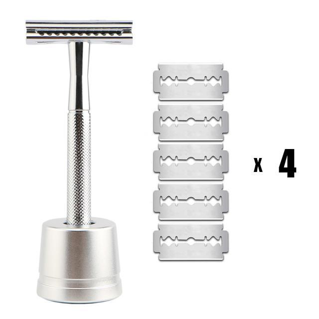 Classic Double Edge Safety Razor & 20 Blades Set GR Bright Silver Set With Stand 