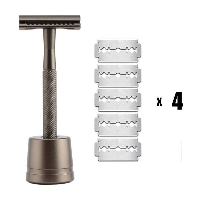 Classic Double Edge Safety Razor & 20 Blades Set GR Brown With Stand 