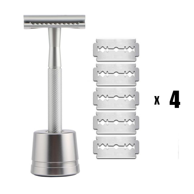 Classic Double Edge Safety Razor & 20 Blades Set GR Matte Silver with Stand 
