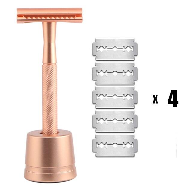 Classic Double Edge Safety Razor & 20 Blades Set GR Rose Gold With Stand 