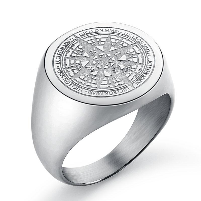 Compass Stainless Steel Signet Ring GR 7 Silver 