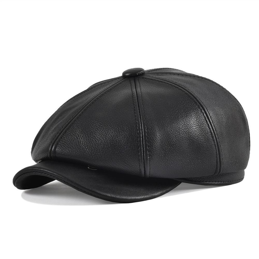 Cowskin Leather Newsboy Cap GR Black 56-57 cm 
