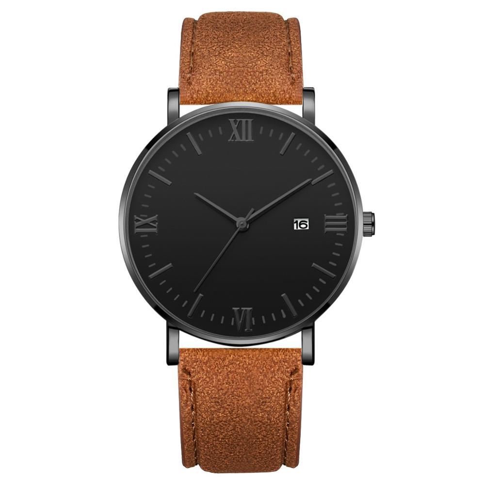 Flavio Classic Elegant Watch with Black Dial and Brown Belt MNML Dark Case 