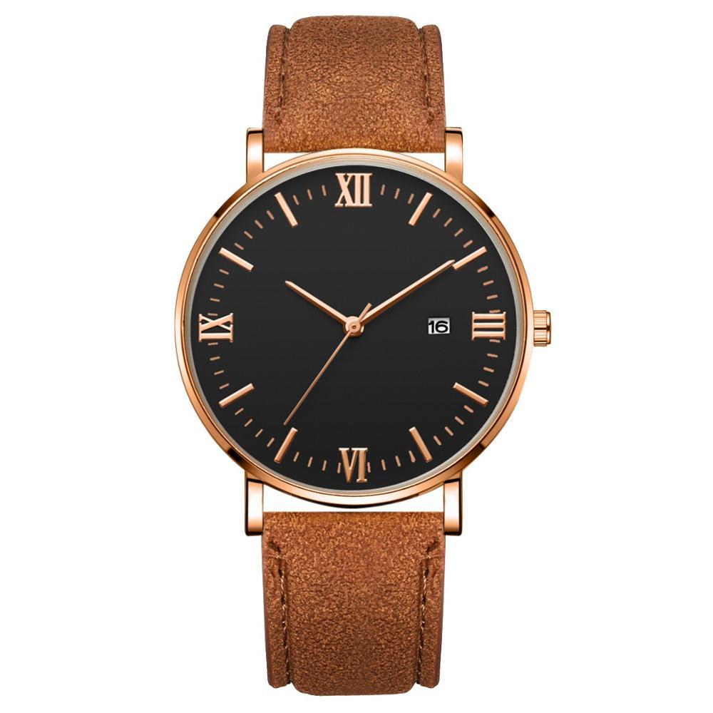 Flavio Classic Elegant Watch with Black Dial and Brown Belt MNML Rose Gold Case 