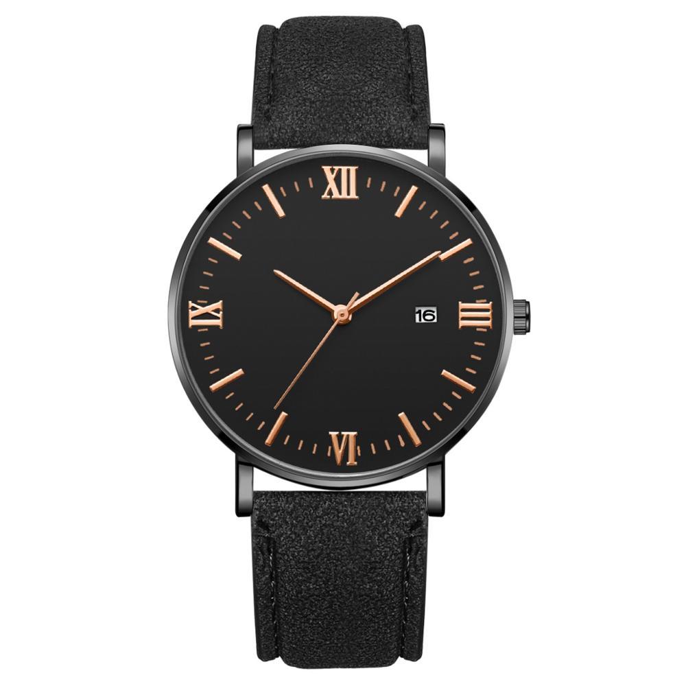 Flavio Classic Elegant Watch with Black Dial and Leather Belt MNML Dark & Rose Gold 