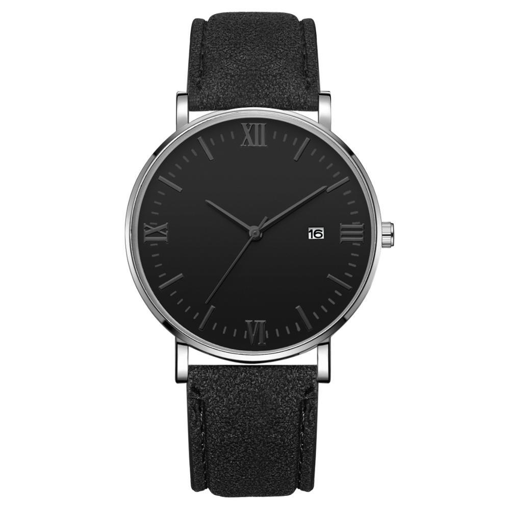 Flavio Classic Elegant Watch with Black Dial and Leather Belt MNML Dark Silver 