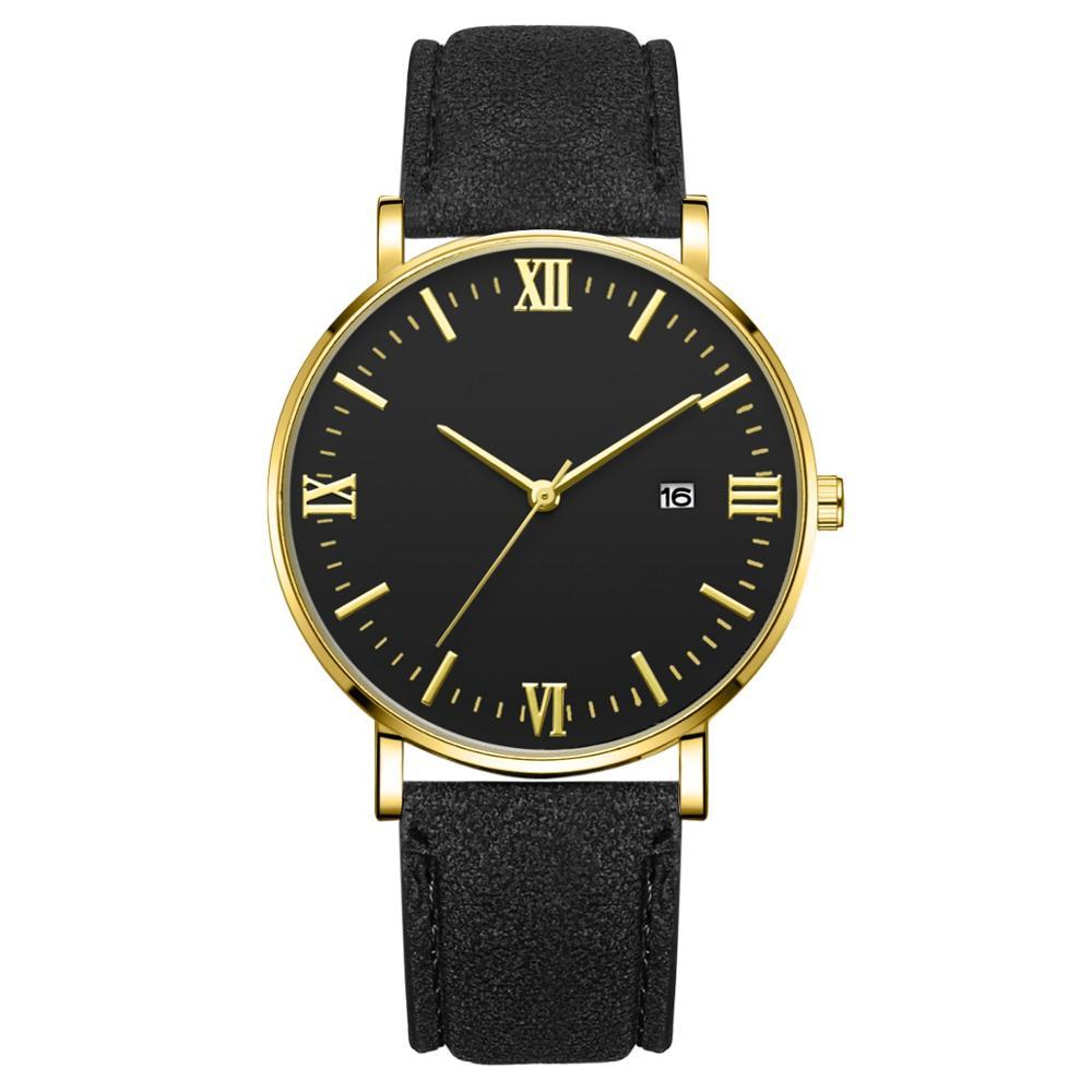 Flavio Classic Elegant Watch with Black Dial and Leather Belt MNML Golden 