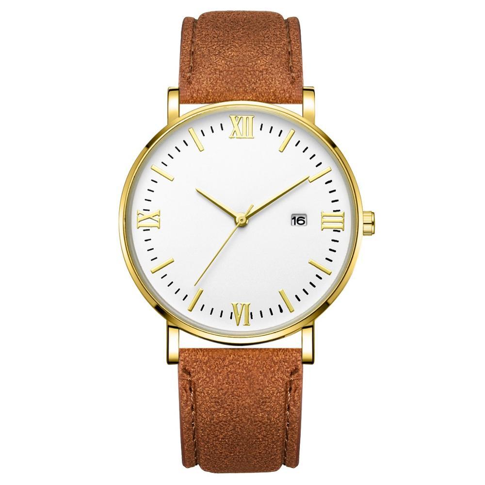 Flavio Classic Elegant Watch with White Dial and Brown Belt MNML Golden 