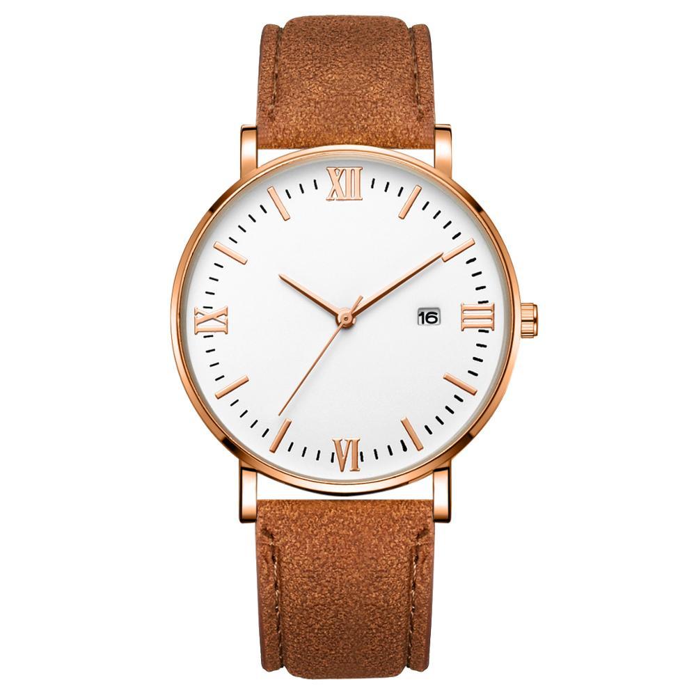 Flavio Classic Elegant Watch with White Dial and Brown Belt MNML Rose Gold 