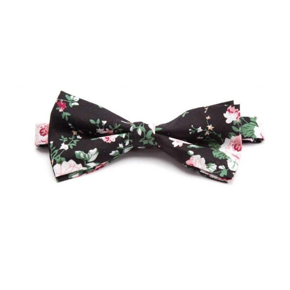 Flowered Cotton Bow Tie Pre-Tied GR Black 