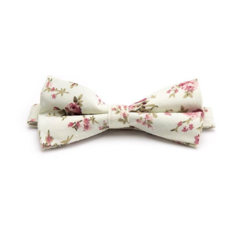 Flowered Cotton Bow Tie Pre-Tied GR Ivory 