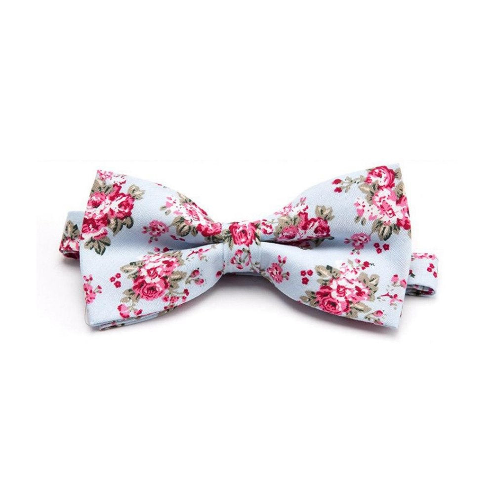 Flowered Cotton Bow Tie Pre-Tied GR Light Blue 