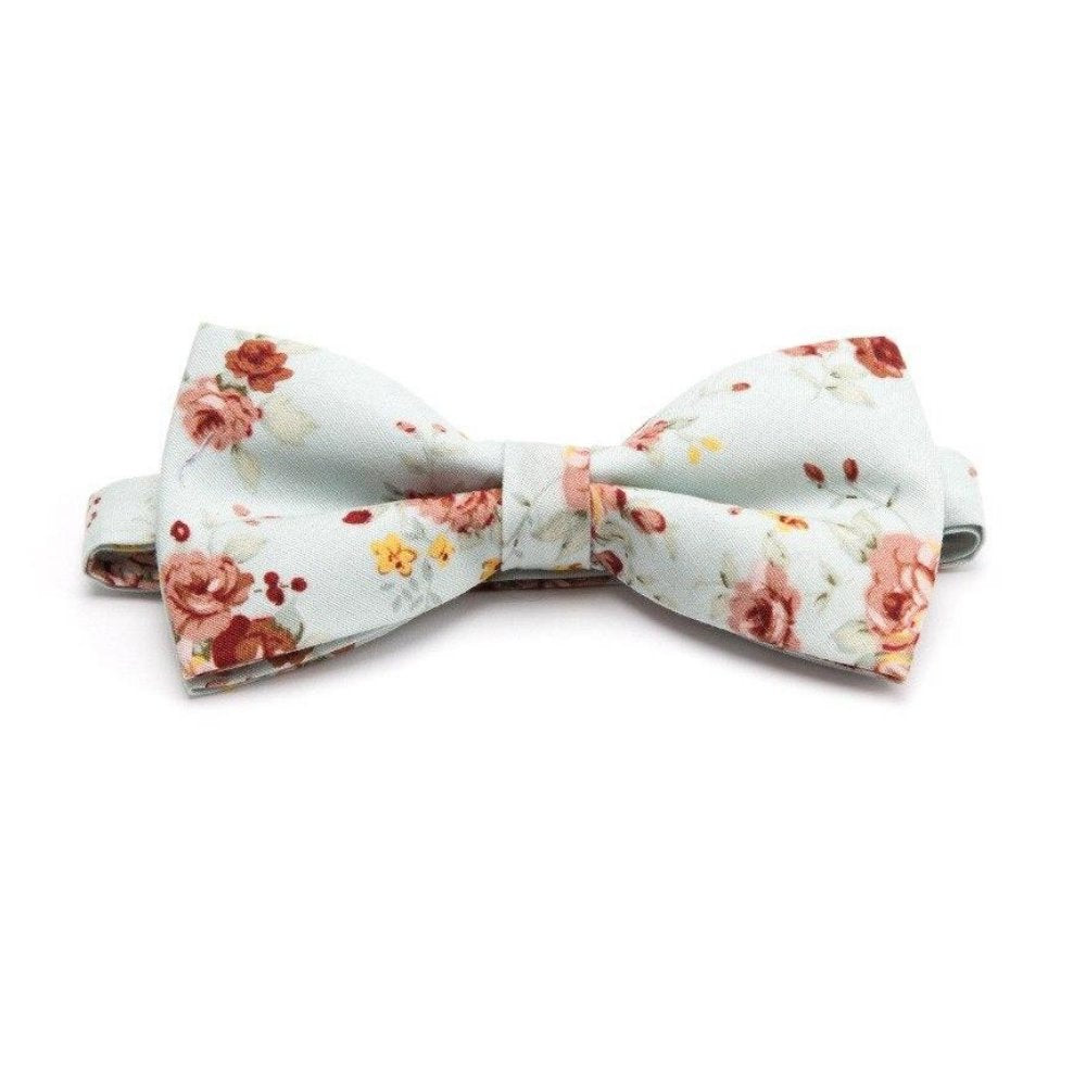 Flowered Cotton Bow Tie Pre-Tied GR Light Cyan 