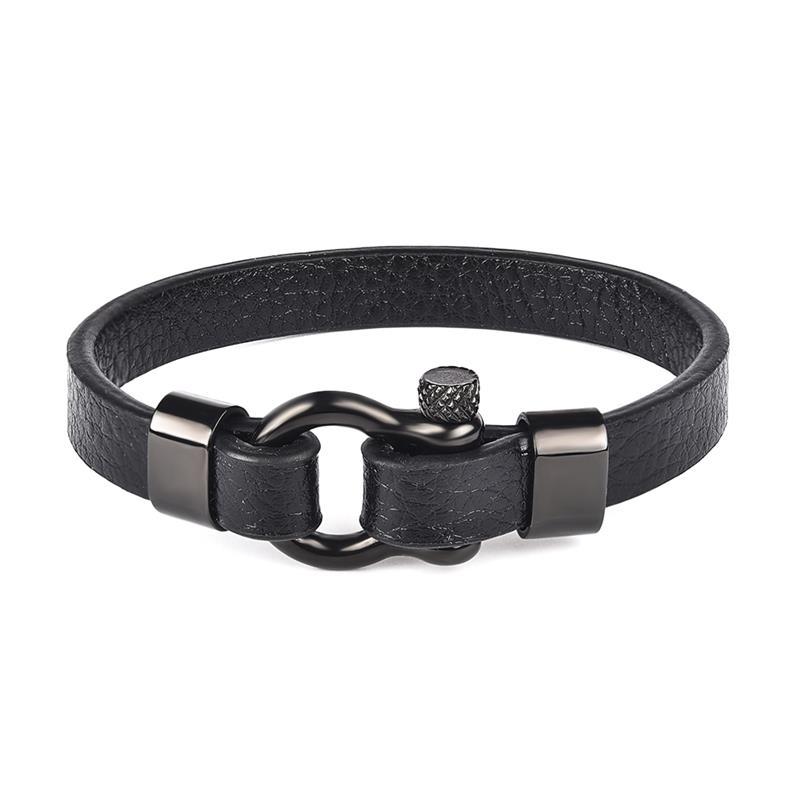 Gunnar Horseshoe Shackle Solid Leather Bracelet GR Black 18.5cm 