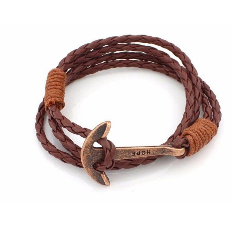 Hope Bronze Anchor Leather Bracelet GR Brown 