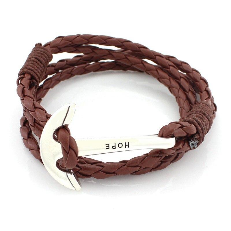 Hope Silver Anchor Leather Bracelet GR Brown 