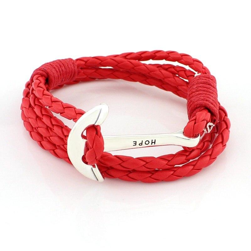Hope Silver Anchor Leather Bracelet GR Red 