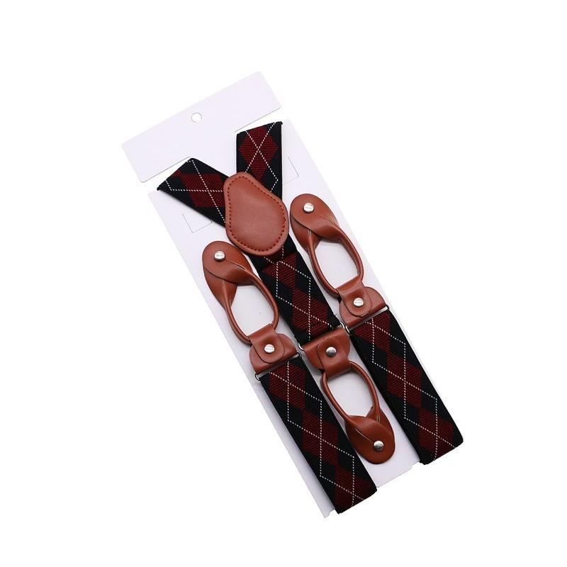 Hugo Brown Leather Button End Tuxedo Suspenders 35mm GR Argyle Red 