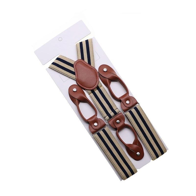 Hugo Brown Leather Button End Tuxedo Suspenders 35mm GR Beige Striped 