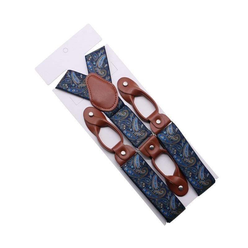 Hugo Brown Leather Button End Tuxedo Suspenders 35mm GR Paisley Blue 