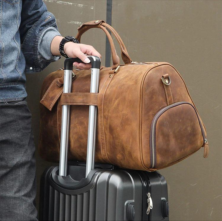 Crazy Horse Leather Men Duffle Bag Large Travel Bag With Shoes Compart –  ROCKCOWLEATHERSTUDIO