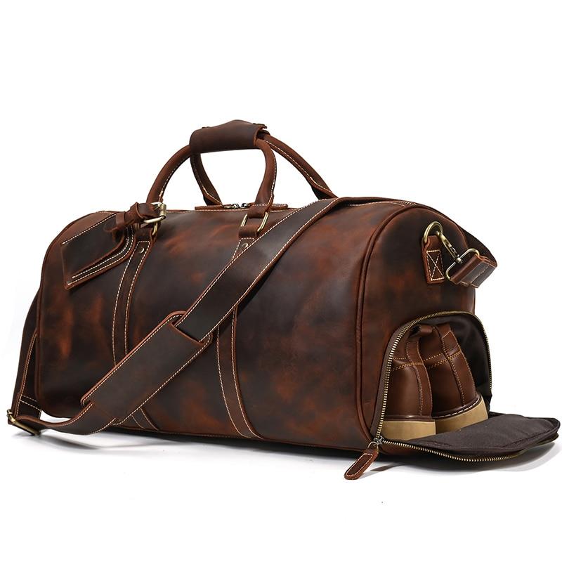 Jonathan Crazy Horse Leather Duffel Bag With Shoe Pocket GR Retro Brown(50cm) 50cm 