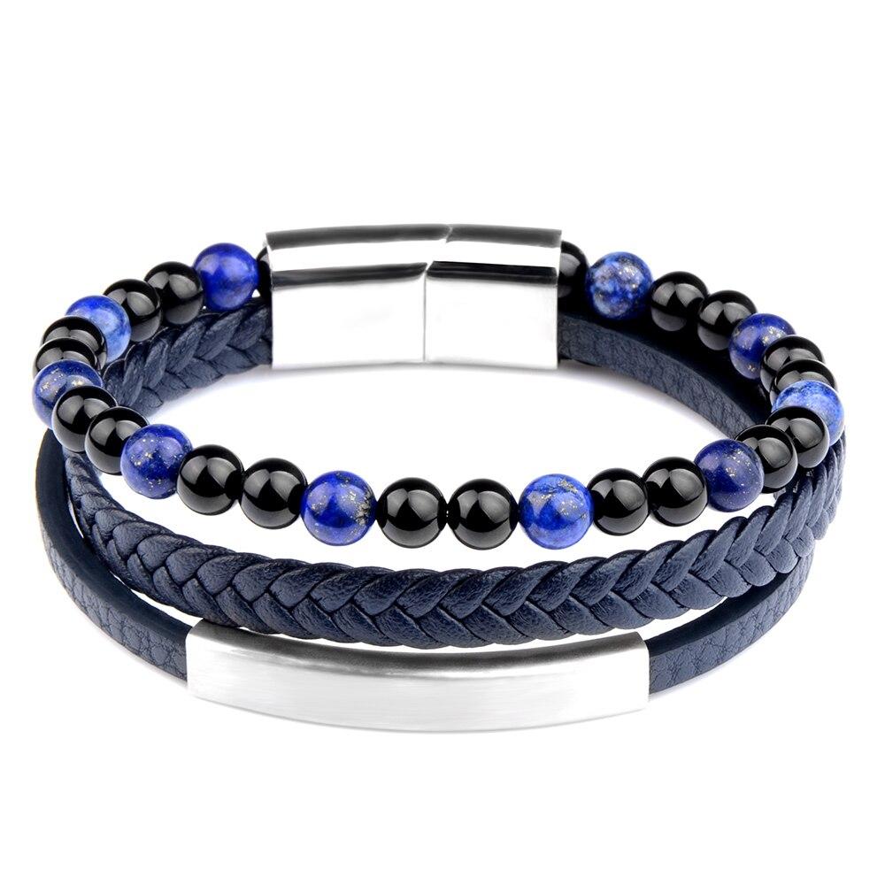 Kenneth Multilayered Leather Bracelet With Magnetic Clasp GR Blue Stone 18.5cm 