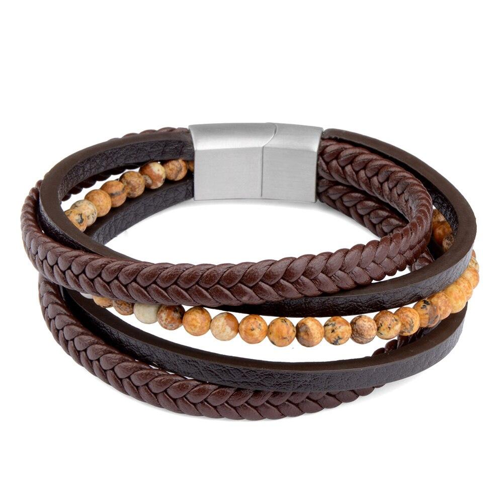 Kenneth Multilayered Leather Bracelet With Magnetic Clasp GR Sand Stone 18.5cm 