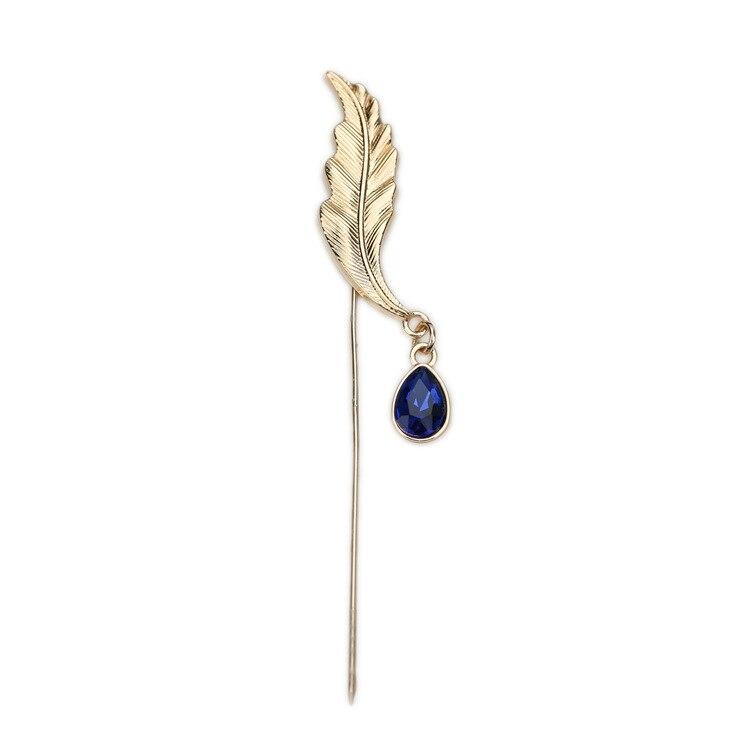 Leaf With Crystal Lapel Pin GR Gold Blue 