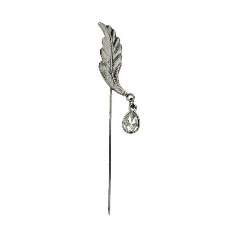 Leaf With Crystal Lapel Pin GR Silver 