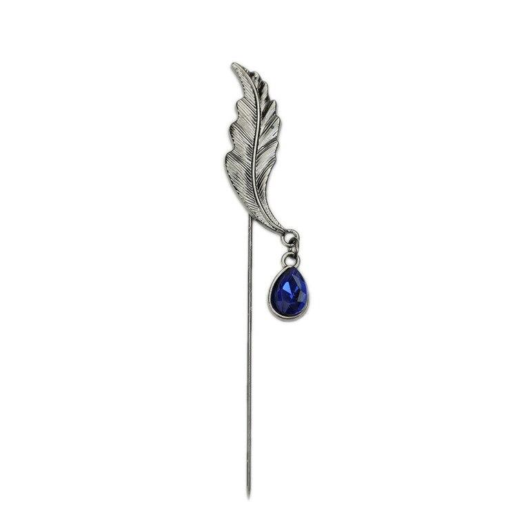 Leaf With Crystal Lapel Pin GR Silver Blue 