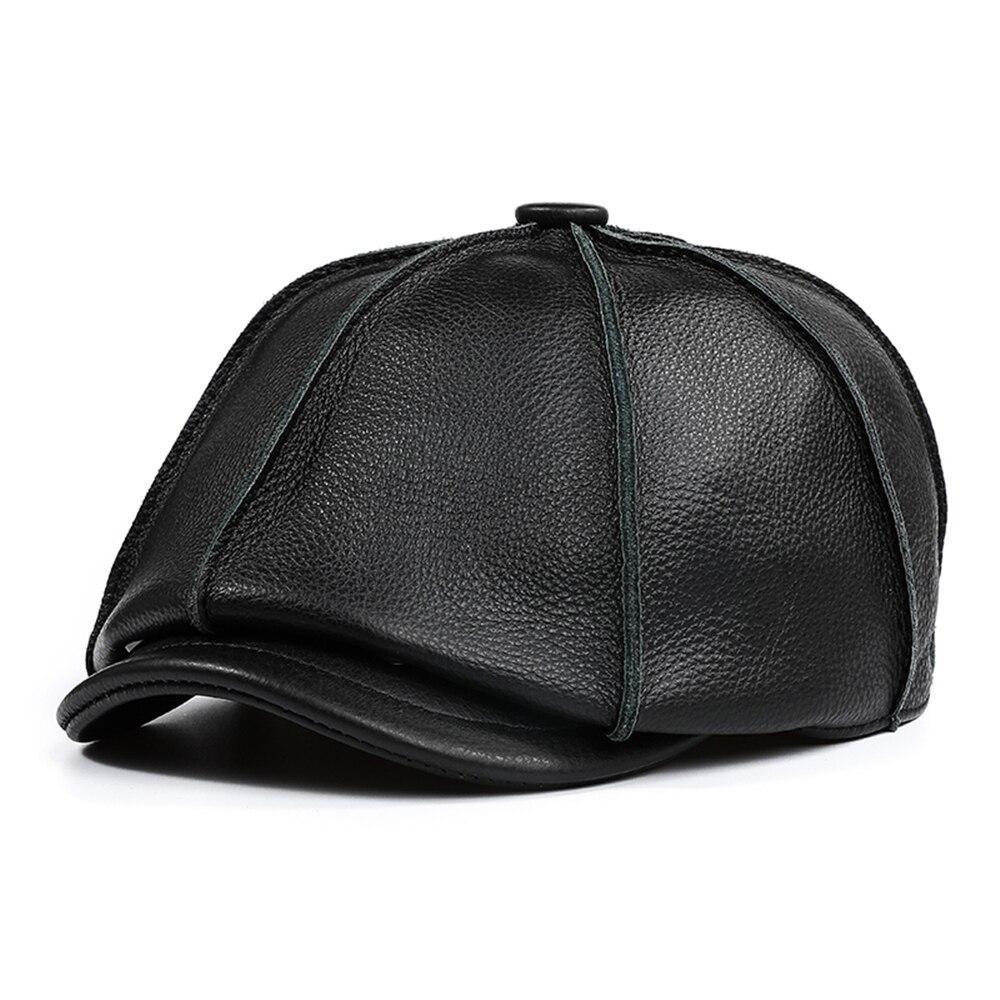 Leather Newsboy Cap With Ear Flaps GR Black L 