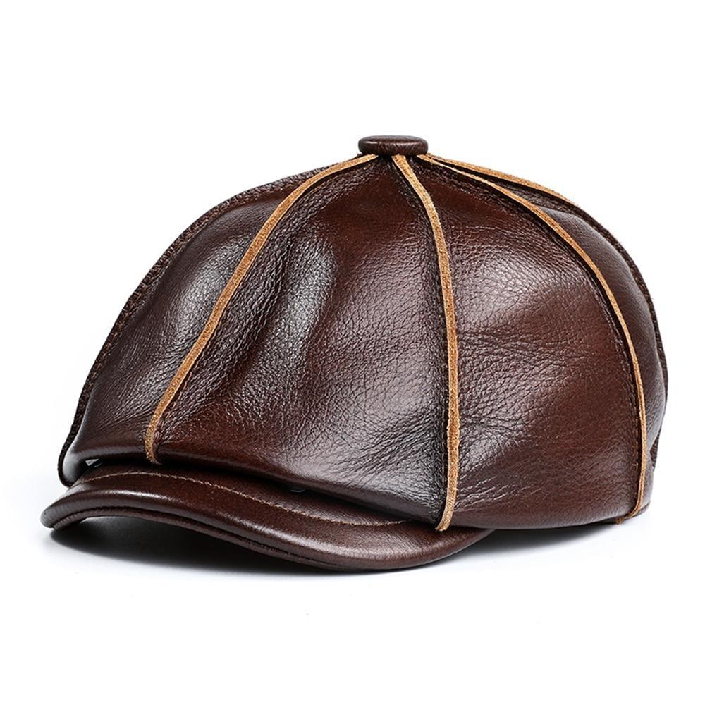 Leather Newsboy Cap With Ear Flaps GR Brown L 