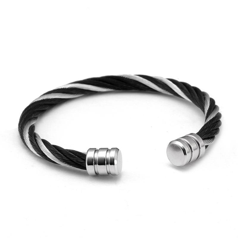 Livigno Ailver-Tone Cuff Bracelet GR Striped Black 20.5cm 