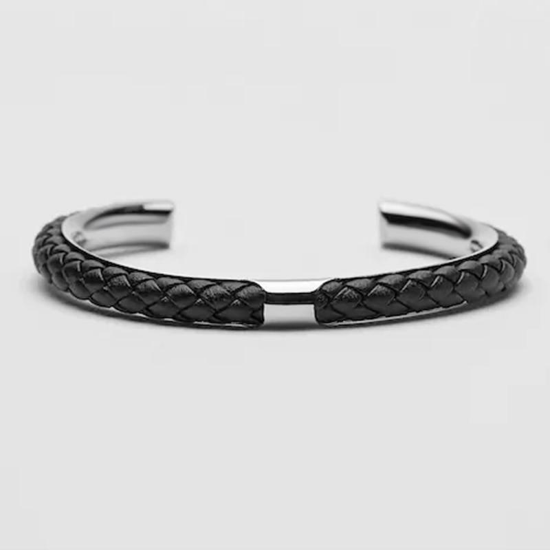 Lupo Braided Leather & Stainless Steel Cuff Bracelet GR Black 