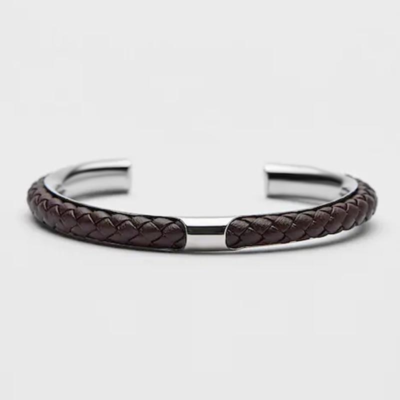 Lupo Braided Leather & Stainless Steel Cuff Bracelet GR Brown 