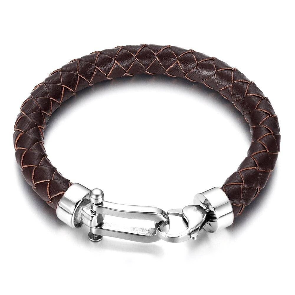 Marcus 316L Stainless Steel Braided Leather Bracelet GR Brown 18cm 