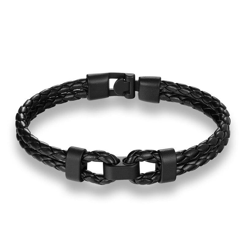 Matte Black Double Shackle Braided Leather Bracelet GR Black 