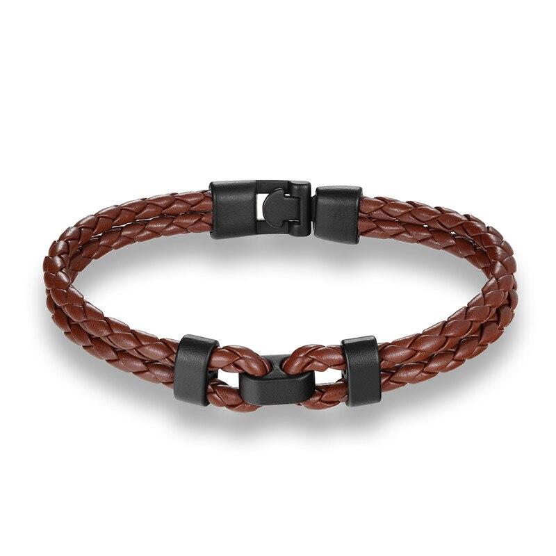 Matte Black Double Shackle Braided Leather Bracelet GR Brown 