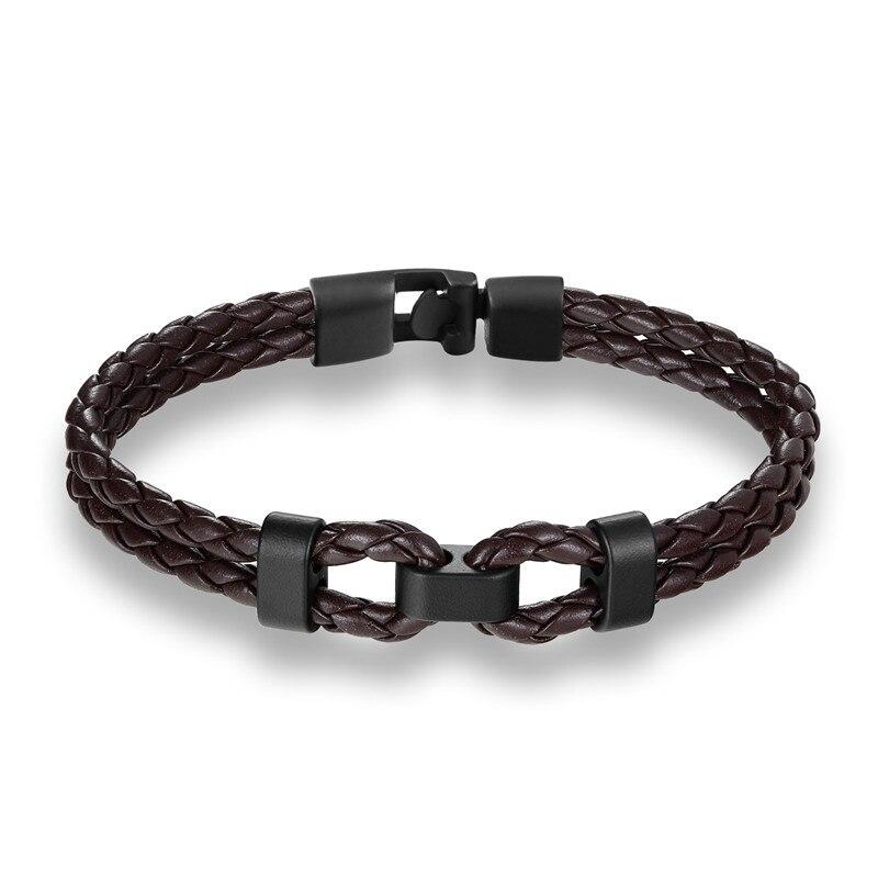Matte Black Double Shackle Braided Leather Bracelet GR Dark Brown 