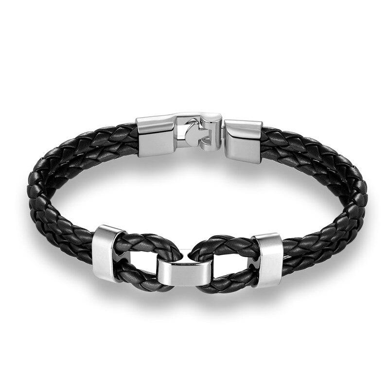 Matte Silver Double Shackle Braided Leather Bracelet GR Black 