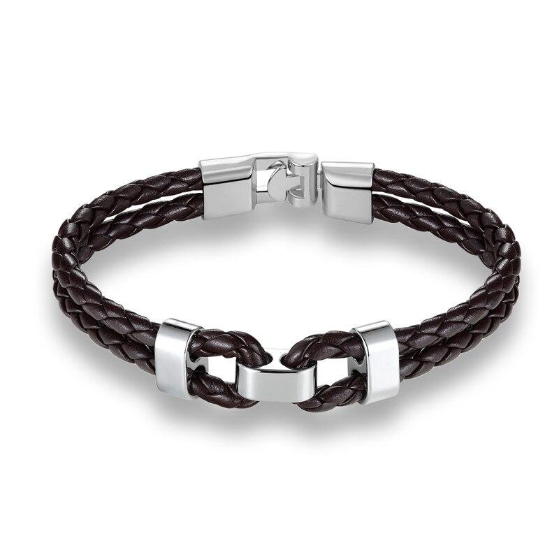 Matte Silver Double Shackle Braided Leather Bracelet GR Dark Brown 