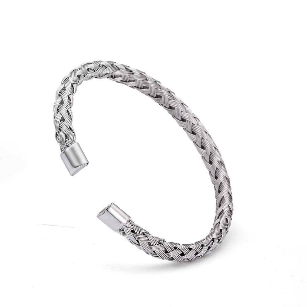 Minimalist Braided Stainless Steel Cuff Bracelet GR Silver 