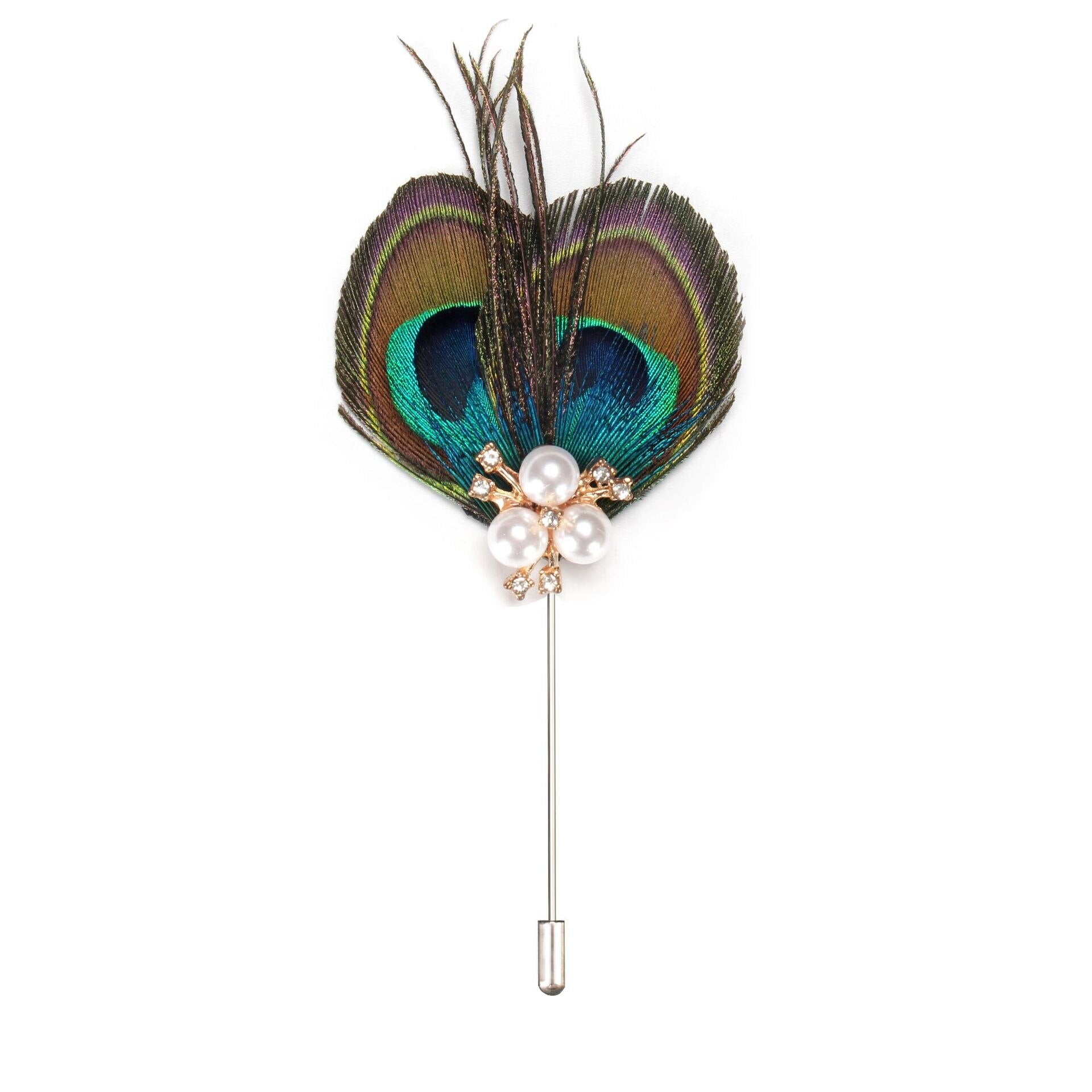 Peacock Feather With Pearls Lapel Pin GR White 