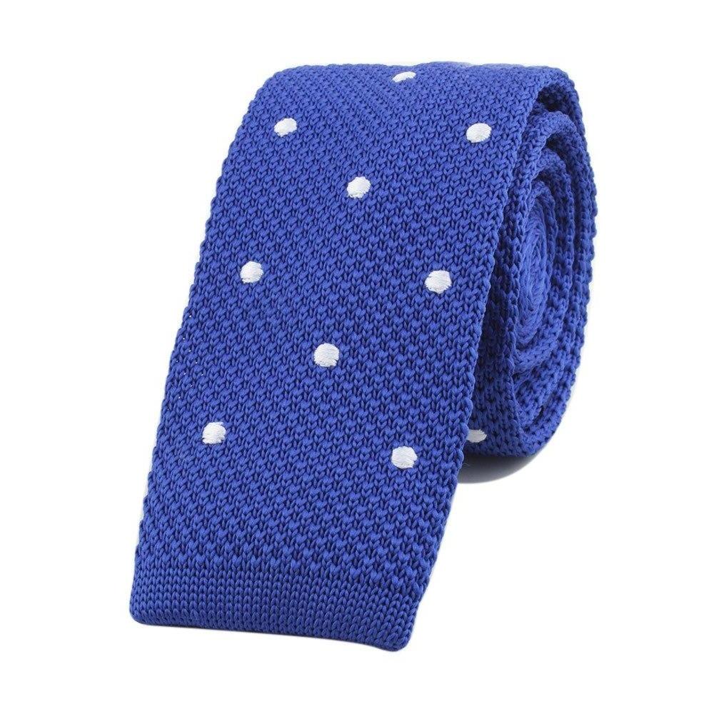 Polka Dot Flat End Knitted Tie GR Blue White 