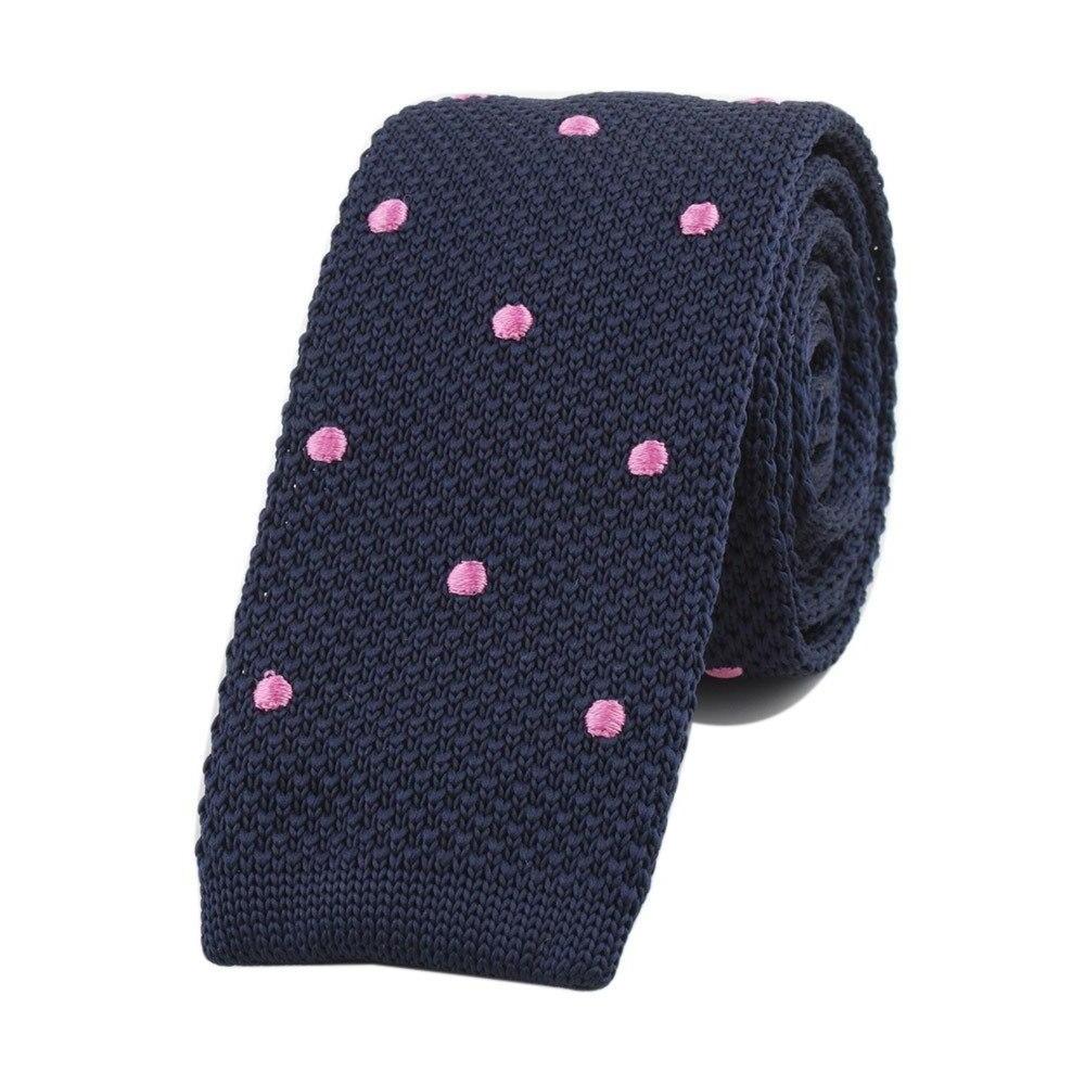 Polka Dot Flat End Knitted Tie GR Navy Pink 
